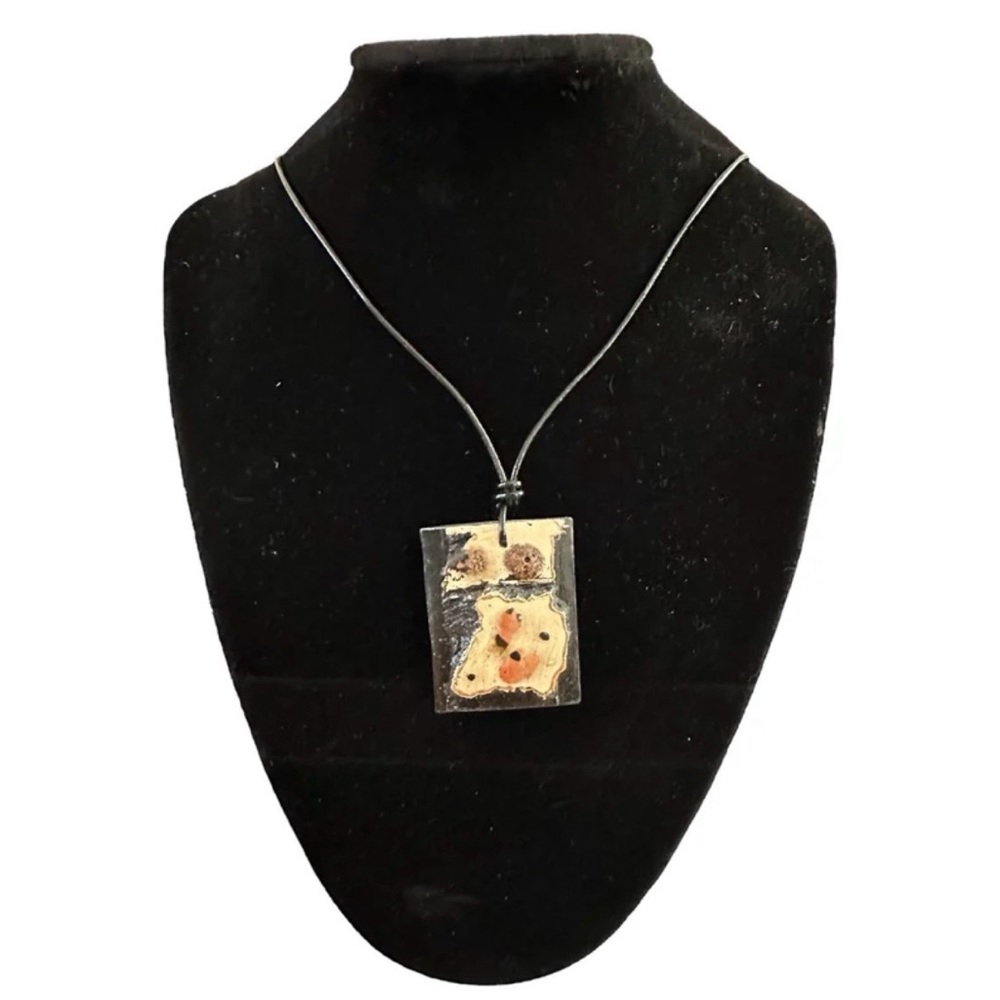 Wackler Rectangular Black & Cream Ceramic Pendant with Rope Necklace Length 13”